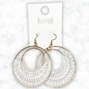 NWT Kanèoré Women's White Macrame Dangle Double Hoop Gold Tone Earrings